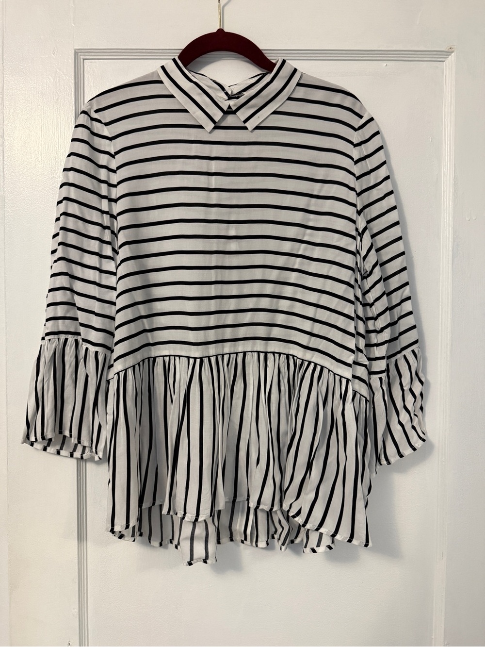 Esprit Black and White Striped Peplum Button-Up Blouse NWOT